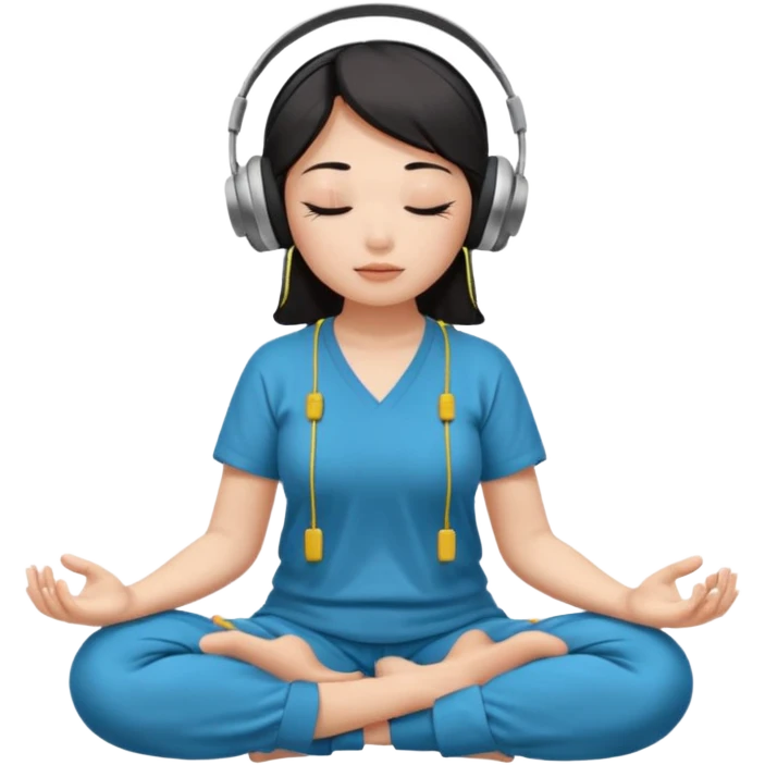 An East Asian woman is sitting cross-legged in a meditation pose, wearing Apple headphones and listening to music. The song is so beautiful that she has her eyes closed and tears streaming down her face. emoji