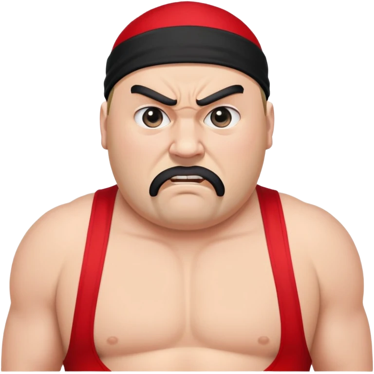 White skin fat guy with prominent black durag, short black beard, black eyes in a red and black wrestling singlet with angry face emoji