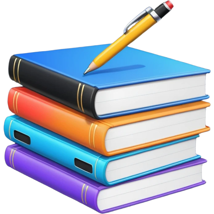stack of textbooks with a pen emoji