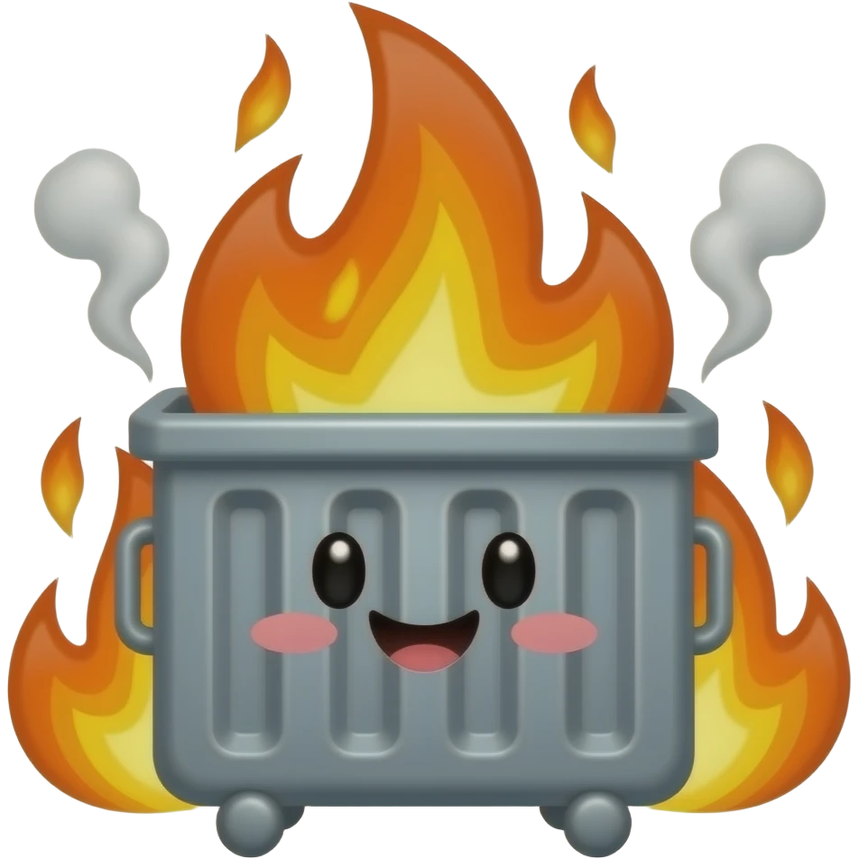 a dumpster fire in the shape of the words CC L&D with a cute face on the front emoji