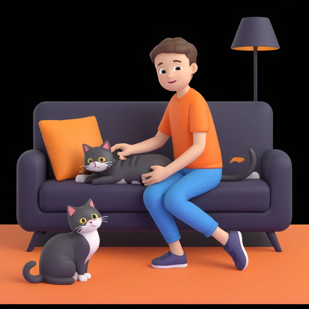 boy and cat pet, living room background emoji