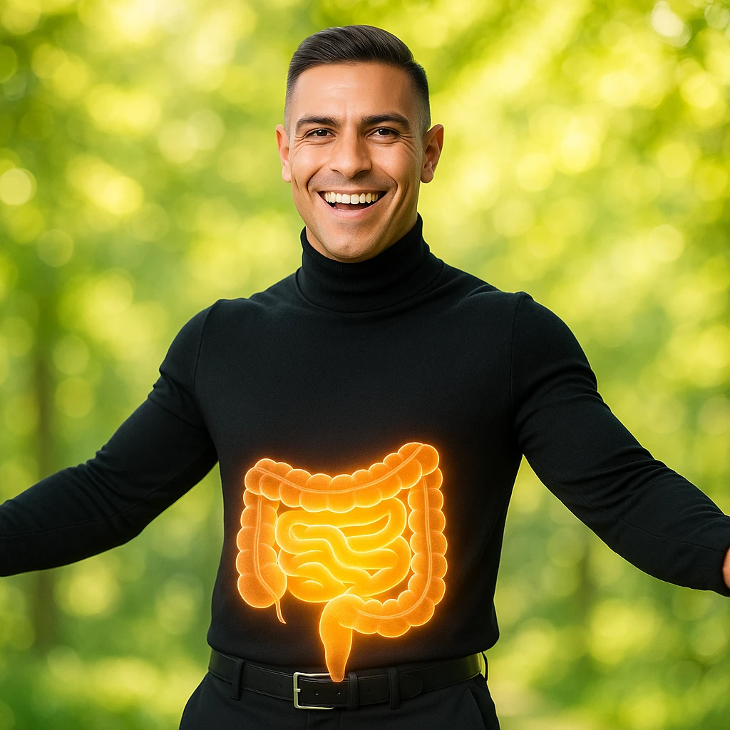 Create a semi-realistic, wellness-themed image of a fit 30-year-old man inspired by the reference image. Show a glowing healthy intestine over the abdomen, semi-transparent to reveal a clean digestive tract. The man has open arms and a big smile. The background is a natural green setting with a positive and energetic vibe. emoji