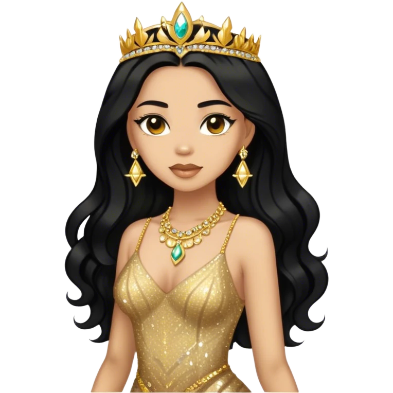 light skin woman with black long hair in gold sparkle dress with gold jewelry emoji