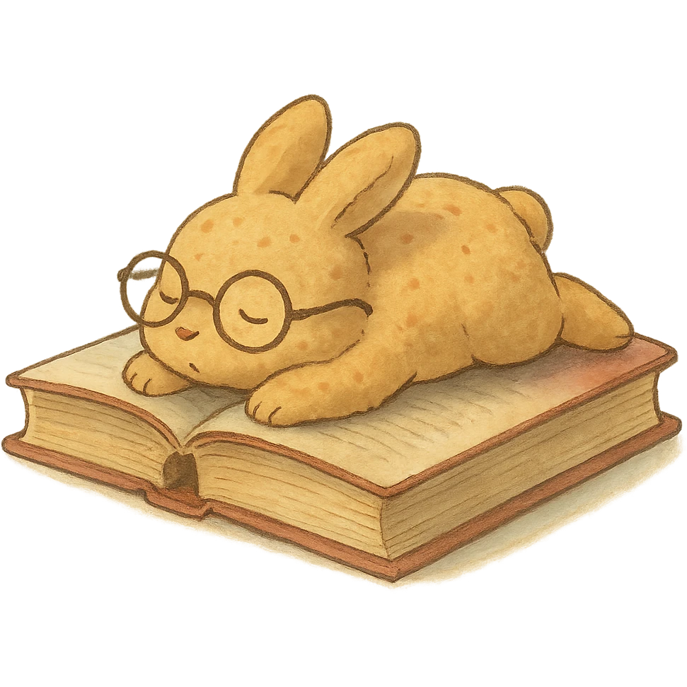 biscuit bunny lying on book with slipping glasses, soft Ghibli style emoji