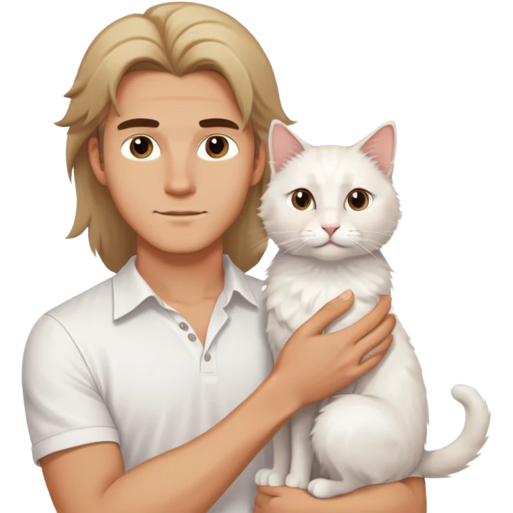 A young handsome Caucasian man in a white shirt holds a long-haired white cat emoji
