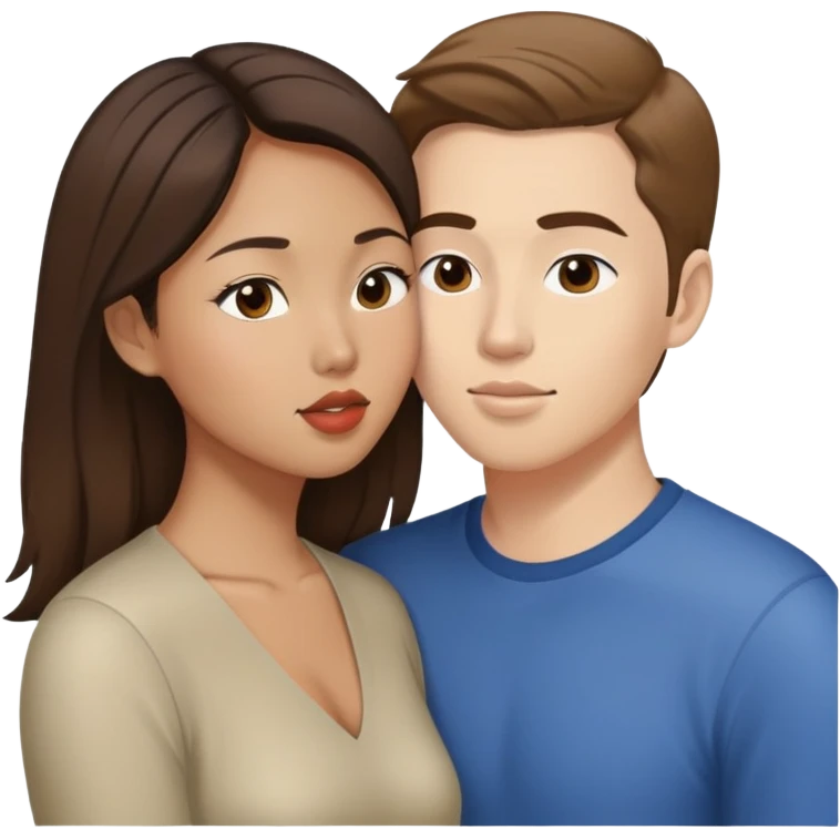 Asian American woman kissing a white guy with brown hair emoji