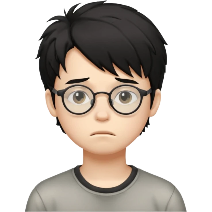
young boy, 16 years old, messy black hair, glasses, sad face emoji emoji