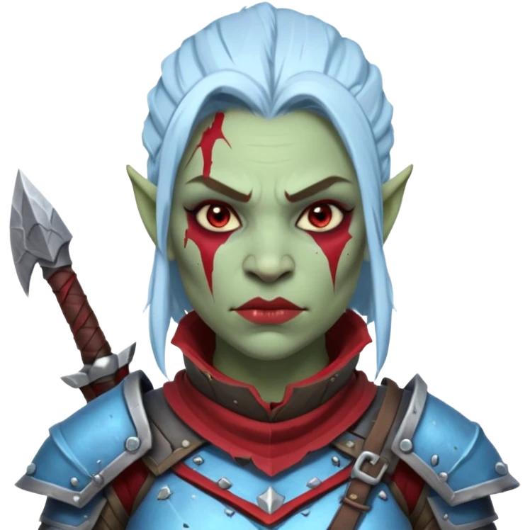 Fantasy Christmas orc legion soldier icon, iron tundra army theme, heavy winter armor, disciplined brutal look, cold steel armor cracked with frozen crimson lines, bloodfrost effect, icy blue and dark red color palette, minimal clean emoji style, female variant emoji