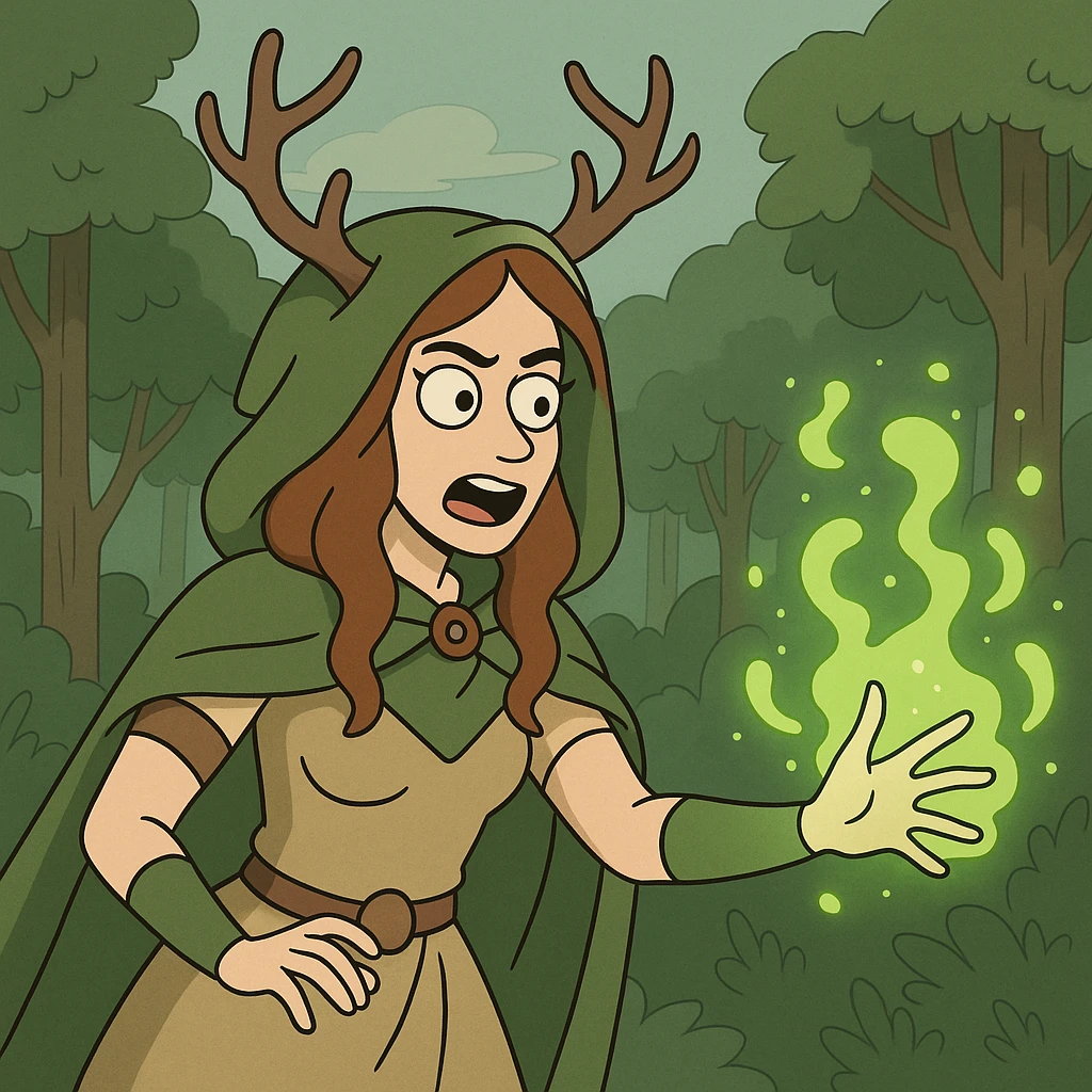 cartoon style female druid, casting a nature spell, glowing green energy, forest background emoji