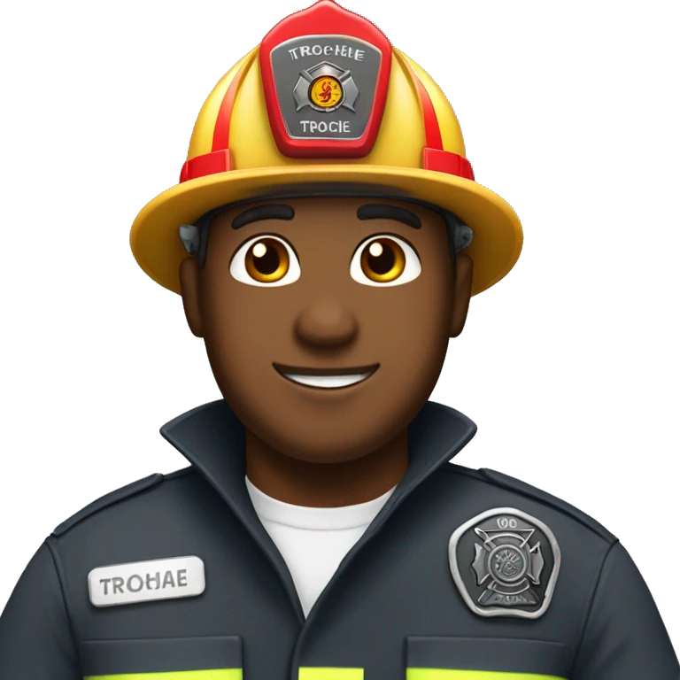 Firefighter man wearing name tag that says TROCHE emoji