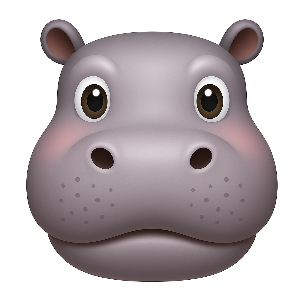 Make a hippo face emoji exactly like the reference image, in iOS emoji style. Same shape, color, and expression, smooth and shiny. Add a slight blush to the cheeks. emoji