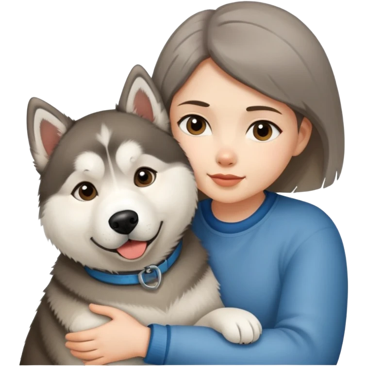 A short-haired girl hugs a Dog Alaskan Malamute emoji