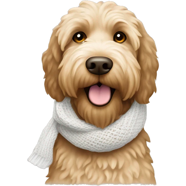 Tan Labradoodle wearing white knit scarf emoji