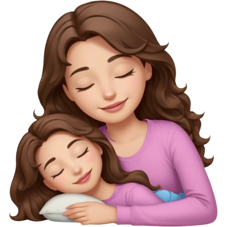 girl with wavy long brown hair, brown eyes, light to medium complexion, long lashes, light pink lipstick, smiling, wearing light pink shirt, sleeping emoji