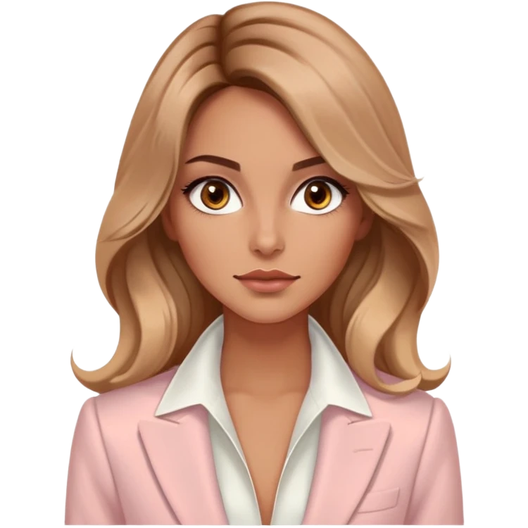 A 30-year-old woman with tanned skin, light brown long wavy hair, delicate face, almond-shaped eyes with smoky foxy eye makeup, brown eyes, wearing a light pink blazer and white satin cowl neck blouse with thin straps emoji