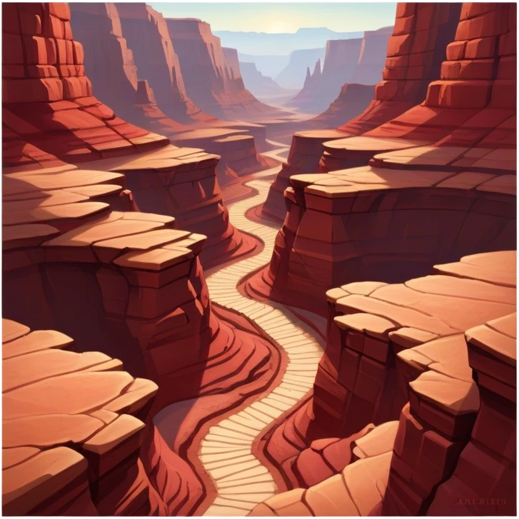 Cinematic Realistic Canyon Emoji, Vast and rugged, with deep red rock formations and winding paths leading down to a dry, dusty floor. Sunlight casts long shadows across the craggy surfaces, highlighting the layers of ancient rock. Soft glowing outline, capturing the essence of dramatic beauty and ancient history in a mighty canyon. emoji