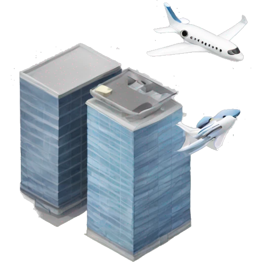two business buildings with a plane emoji