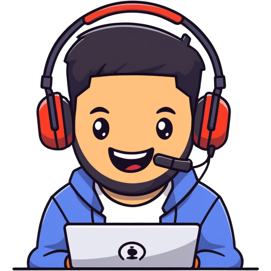 anime style laughing man with black hair, brown eyes, black beard wearing gaming headset emoji