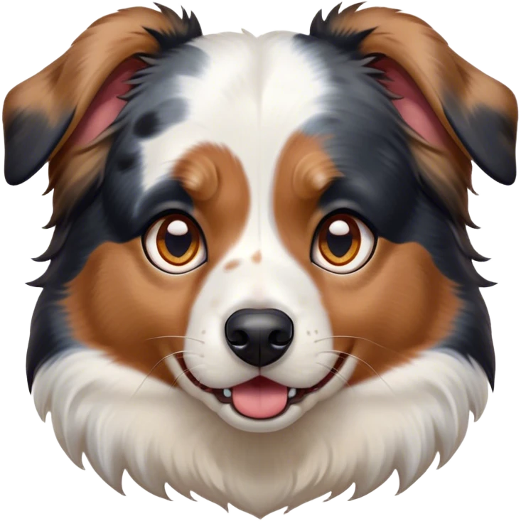 Cinematic Comical Calico Australian Shepherd Portrait Emoji, Head tilted dramatically with an exaggeratedly shocked or offended expression, predominantly white fur with striking black, tan, and red calico merle markings, wide, expressive blue eyes filled with exaggerated disbelief, Simplified yet hilariously expressive features, highly detailed, glowing with a slightly sassy glow, high shine, dramatic yet playful, stylized with an air of attitude, bright and endearing, soft glowing outline, capturing the essence of a sassy and over-the-top pup, so meme-worthy it feels like it could side-eye its way into internet fame instantly! emoji