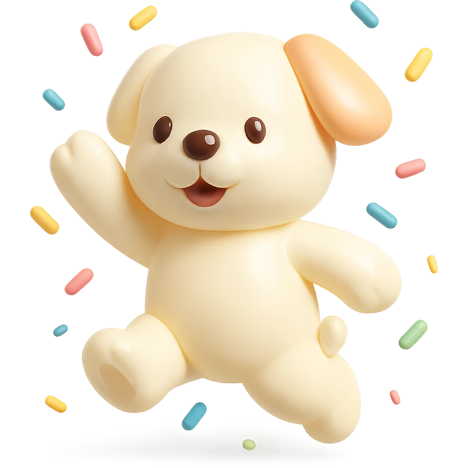 puppy jumping in confetti with paw up, vinyl figure style emoji