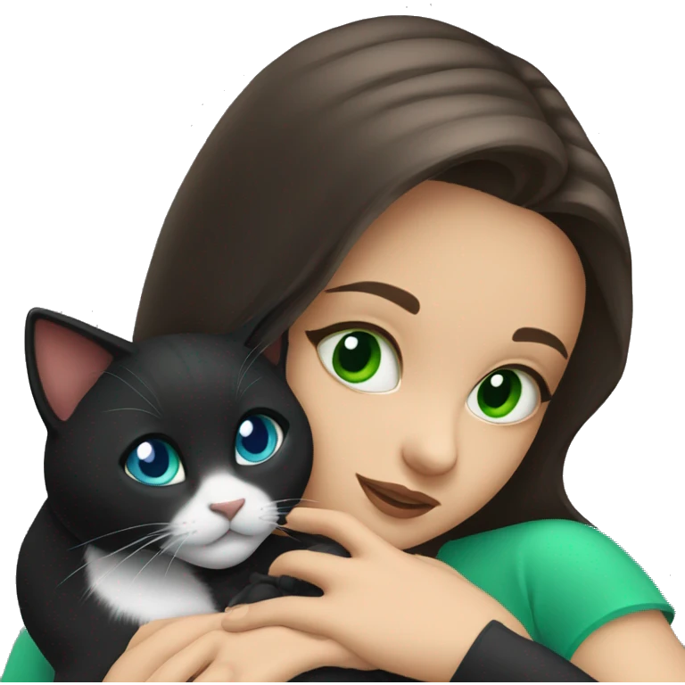 Brunette girl with blue eyes hugging black cat with green eyes emoji