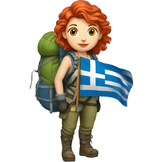 Female winter mountain climber red hair climbing, holding Greek flag on backpack and holding Easter eggs basket emoji