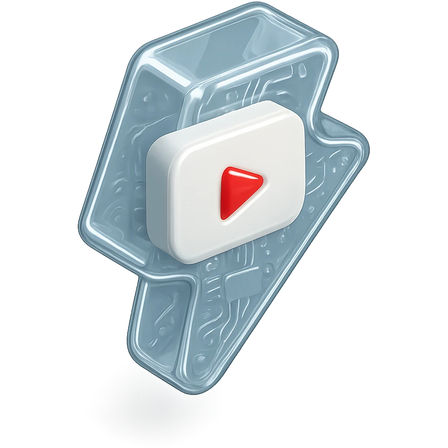 white YouTube play button inside a ligthning box emoji