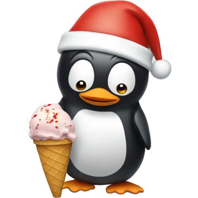 Penguin wearing Santa hat eating ice cream emoji