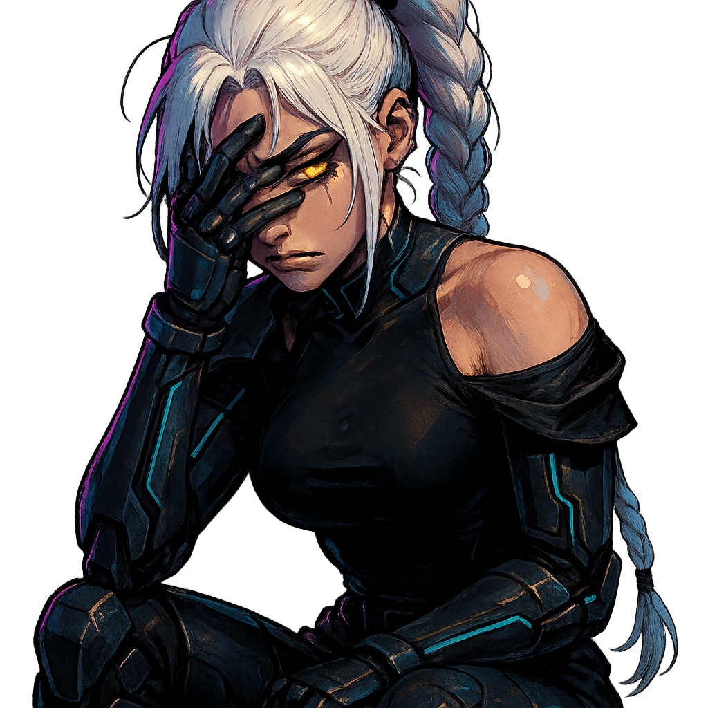 closeup portrait of a young woman in armor, maximum power, facepalm smh expression, gold yellow eyes, white hair in a long braid, black off-shoulder top, d-cup, punk gothic style, futuristic cyberwave cyberpunk, sitting position emoji