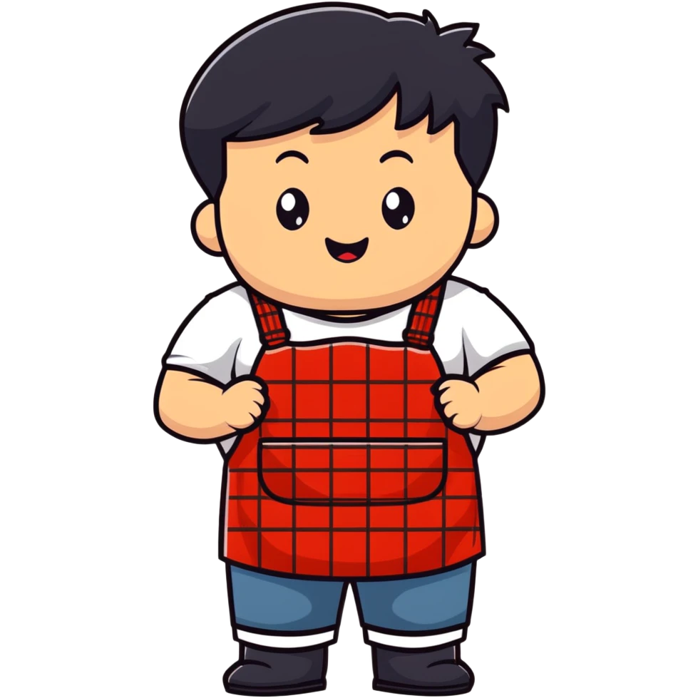 chubby boy with black hair styled upward in front, wearing a red and white checkered plaid apron emoji