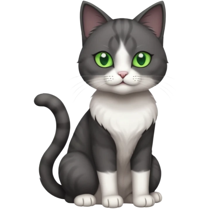full body view of beautiful female solid dark grey cat with green eyes, white toes/paws and white patch on her chest emoji