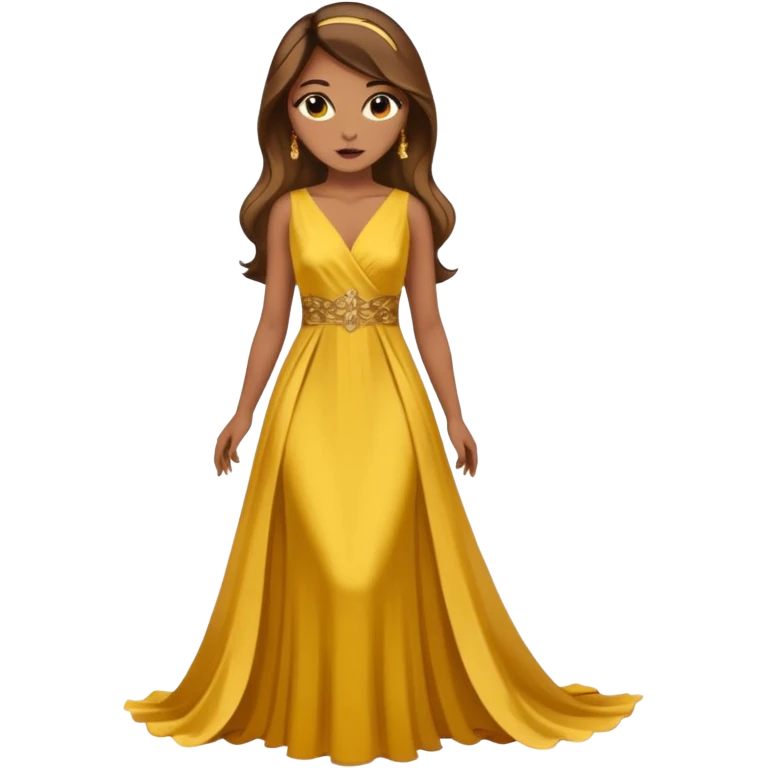Woman using a long elegant yellow dress. She has medium skin tone and a brown with gold makeup emoji