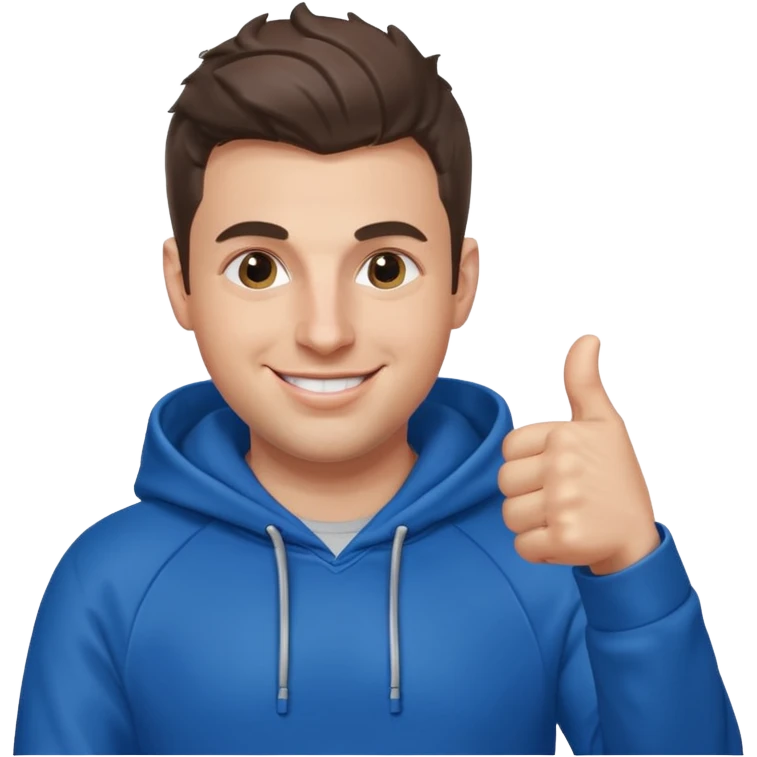 Brian Chesky as an apple-style emoji, smiling, giving a thumbs up, wearing blue hoodie emoji