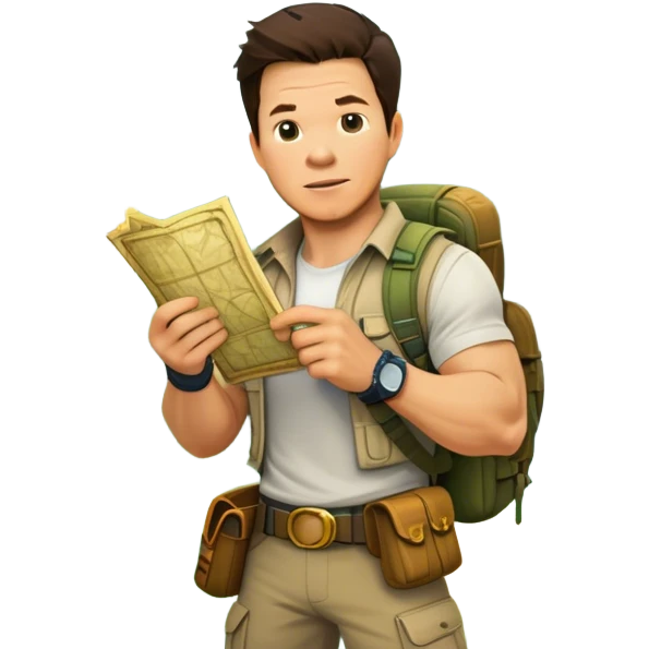 Icon for Adventure Movie: Mark Wahlberg in a jungle setting, holding a treasure map and surrounded by adventure gear. Behind him, ancient ruins rise through the dense foliage. Exciting, action-packed atmosphere with vivid jungle details. Transparent background. emoji