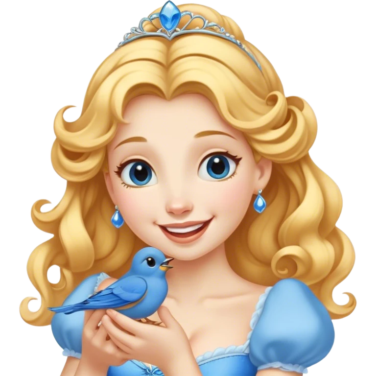 Cinematic Adorable Cinderella Portrait Emoji, Giggling softly while holding a tiny bluebird, golden curls bouncing, eyes sparkling with joy, wrapped in a soft golden glow, exuding warmth and charm, an irresistible blend of beauty and playfulness! emoji
