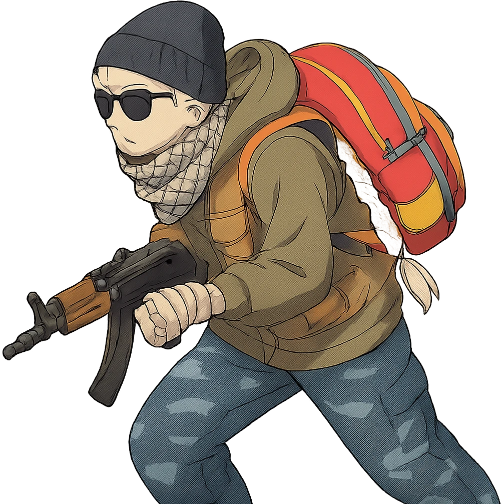 1 female, long white braid, knit cap, dark sunglasses, shemegh neckwrap, fishing vest, vibrant shool backpack, drab hoodie, handwraps, blue camo pants, AKS-74U, hunched over, on the move emoji