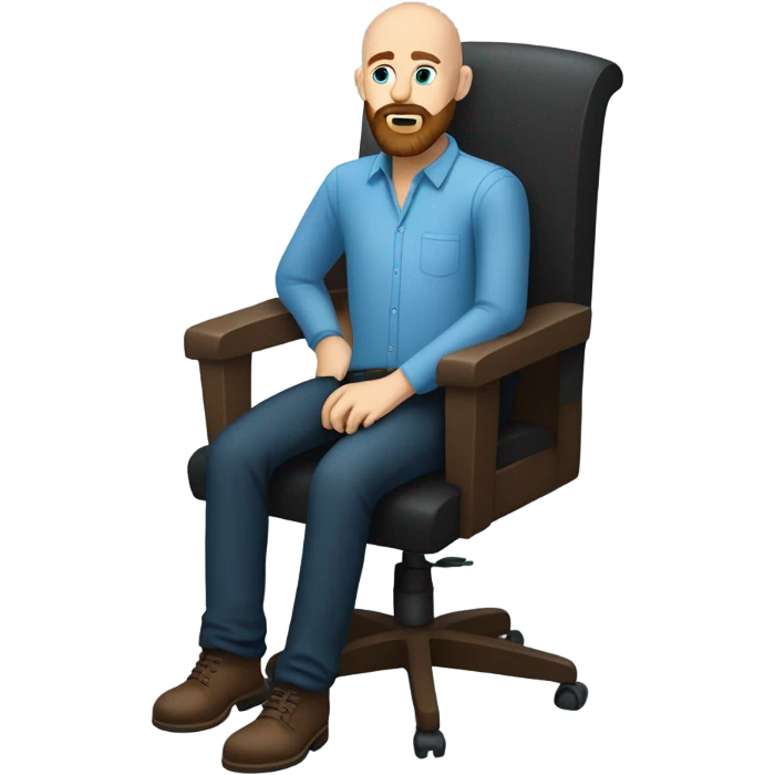Bald, Caucasian, sky-blue-eyed, Psychotherapist in a modern colorful chair. He has a brown full beard and he’s Wearing a black dress shirt with a subtle pattern, blue jeans and black Chelsea boots with his legs separted leaning forward grey in goatee emoji
