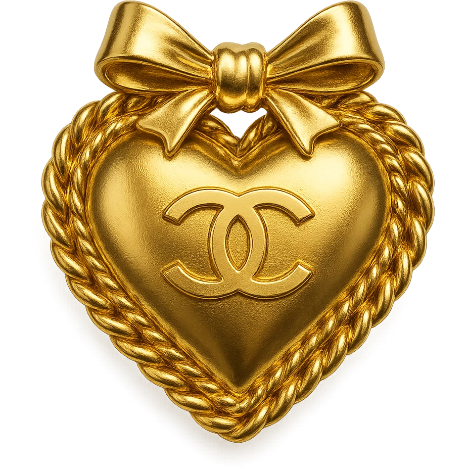 Chanel heart in metallic gold style with a chain border and a bow, chic and feminine emoji