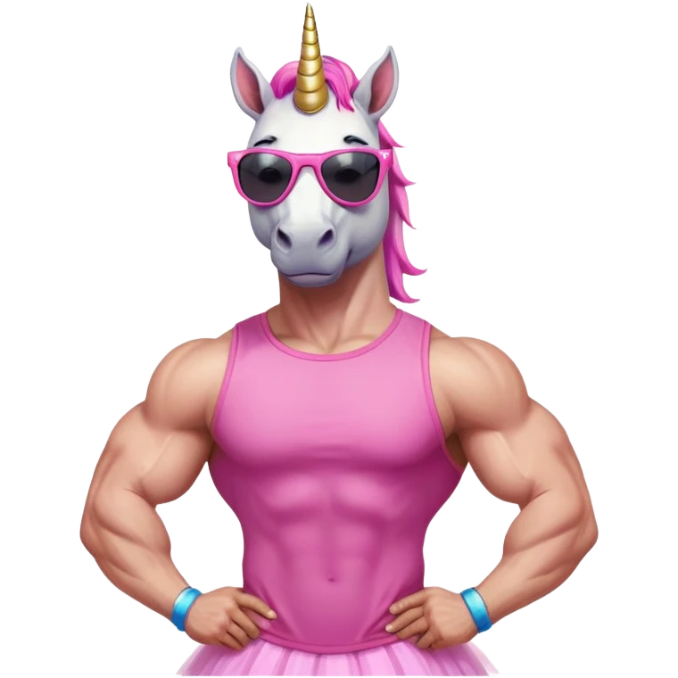 friendly anthropomorphised masculine unicorn with horse-like face, muscular bodybuilder build, in tutu and pink t-shirt, wearing dark sunglasses, standard pose, close-crop head and shoulders portrait emoji
