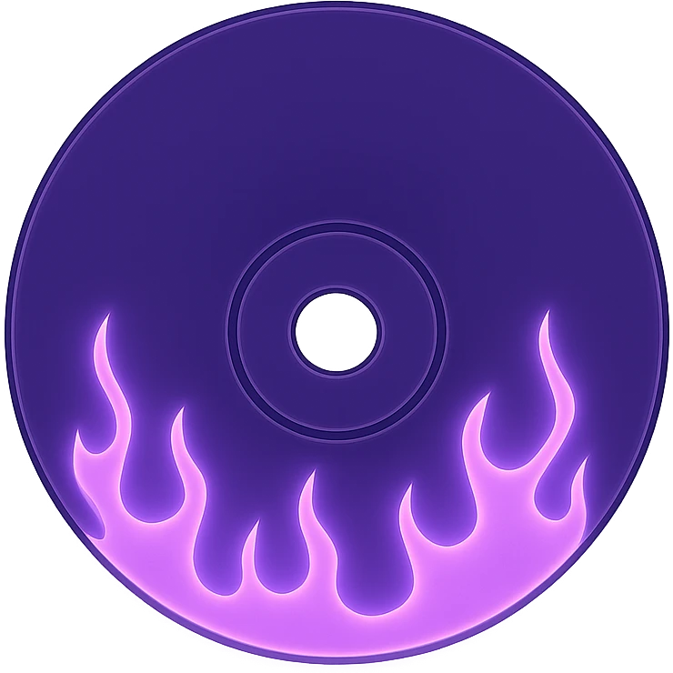 A minimalist CD disc with subtle pink flames, glowing effect, variation 2, color: purple emoji