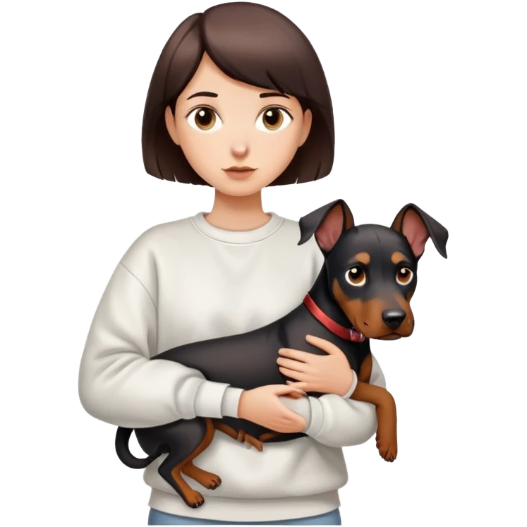 A short-haired girl in a white sweatshirt is holding a big Doberman dog emoji