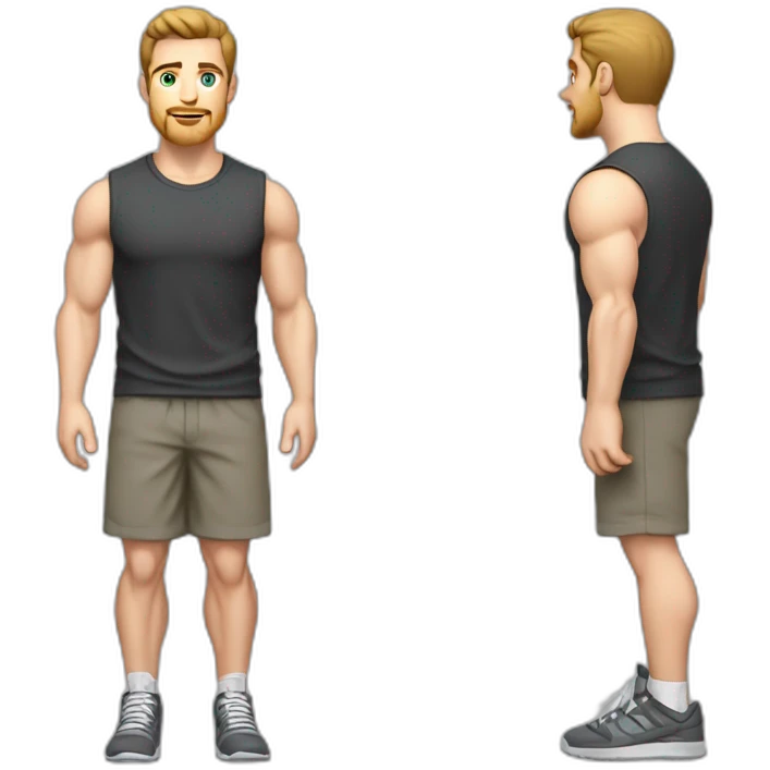 Full height Pale skinned fit man With biceps, Realistic eyes and mouth, light brown hair and stubble In dark gray sleeveless mike, black oversize sports shorts, watch and white sneakers. emoji