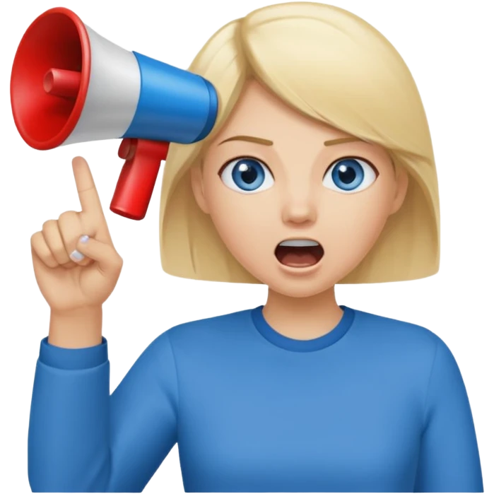 blue eyes blonde girl yelling into megaphone and holding up 1 finger in the other hand emoji