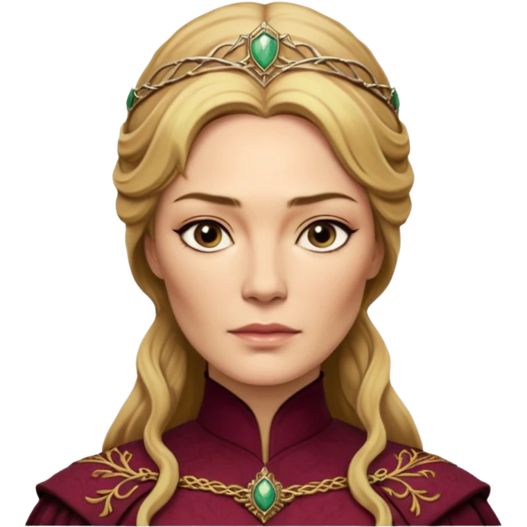 Cinematic Realistic Cersei Lannister Portrait, depicted with lifelike skin texture, subtle rosy undertones, and soft natural lighting that enhances the gentle contours of her face. Her intricately detailed golden blonde hair is elegantly styled , emoji