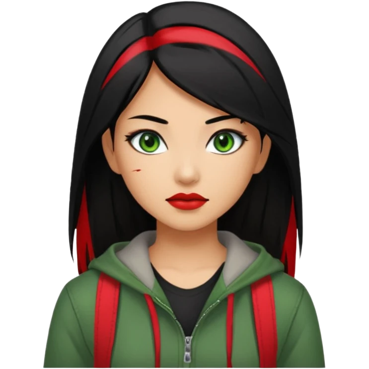 Asian-Latina woman with black hair with a red streak, green eyes, and an alternative/grunge style of clothing. emoji