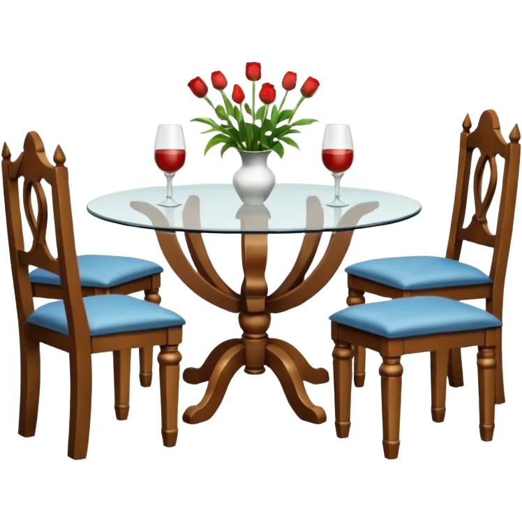 A glass topped ding table with 2 side benches and 2 thrones at the ends emoji