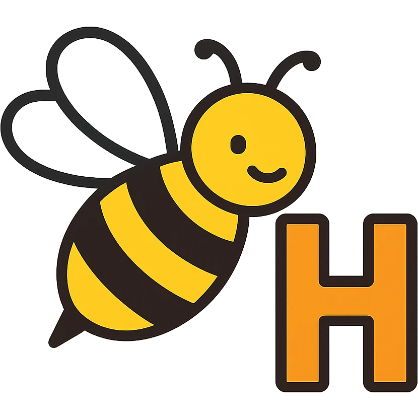 cartoonish honey bee with the letter H, colorful bee, vibrant yellow and black stripes, playful style emoji