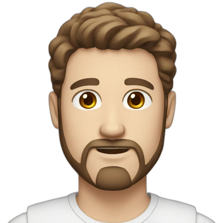 white man with blue eyes, medium long brown hair with mustache plus goatee emoji