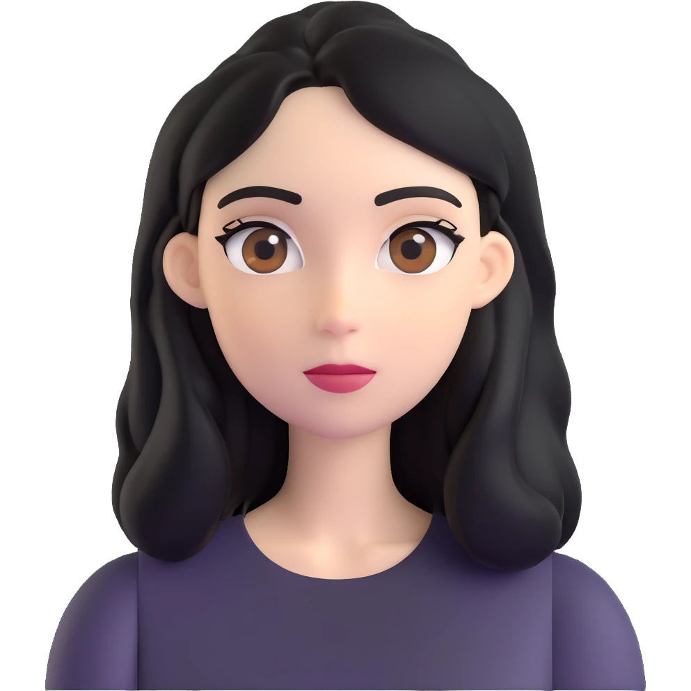 white woman with rounded brown eyes, long black hair, black blouse, looking to the side emoji