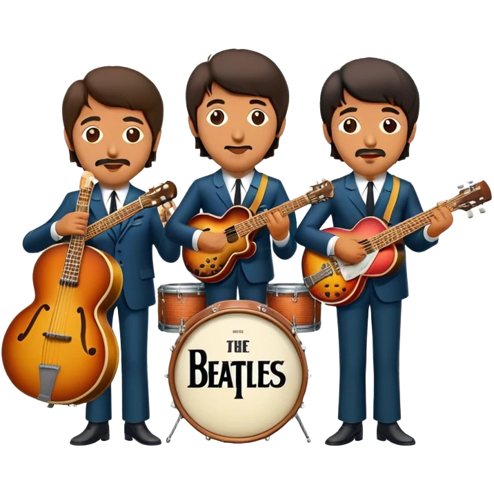 Cinematic Realistic The Beatles Group Emoji, depicted as an iconic band of four exuding playful charisma and musical genius with retro instruments and vibrant expressions, rendered with rich textures and nostalgic dynamic lighting that captures their legendary impact on pop culture. emoji